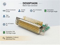 50 way Male D-Sub Connector with PCB Right Angle termination and ( 9.4mm) Machined Pins and without Mounting Brackets [DD50P1A0N]