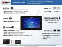 Dahua Wi-Fi Indoor Monitor 7inch TFT Captive Touch Screen 1024X600, H2.64, Built-in Loudspeaker, Support Dual-way Bidirectional Talk, Wired Zones:6 On-Board Zones, 8 Wireless Zones, RS485, 10M/100Mbps Self-Adaptive, DC12V, PoE（802.3af) [DHA VTH5221D-S2]