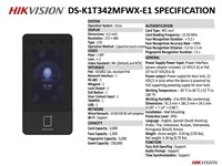 Hikvision Face Recognition Terminal 4.3inch Touch Screen 2MP, 10M/100M Self-Adaptive, Card Capacity:3000, Face Capacity:1500, Fingerprint Capacity:3000, Card Type:M1 13.56Mhz, Face Recognition Distance:0.3~1.5m, PSU:12VDC/1A or PoE 37~57VDC 0.6A [HKV DS-K1T342MFWX-E1]
