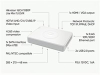 Hikvision 16CH 1080P Lite Mini 1U DVR, HDTVI/AHD/CVI/CVBS/IP Video Input, H2.65, 1xSATA (Max 6TB), 2xUSB 2.0, PAL/NTSC, TCP/IP, PPPoE, DHCP, 1xRJ45 10M/100M, 2xUSB2.0, PSU 12VDC 1.6A, 1xHDMI/VGA, 285×210×48mm [HKV DS-7116HGHI-M1/T]