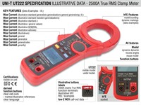 Clamp Meter Digital 1000V AC/DC 2500A AC/DC Res:60MΩ, Cap:60mF, Freq:60MHZ , TEMP:-40°C~1000°C, Display Count:6000, Auto Range/diode, Jaw:63mm, True RMS, Buzzer, Duty Cycle, Data Hold/max, Data Storage 1000, Low Pass Filter, Low Batt Indication [UNI-T UT222]