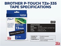 BROTHER TZE White on Black Laminated Tape 12mm (8 Metres) [BRH TZE 335]