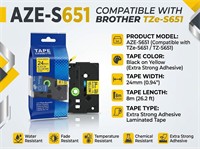 Brother Compatible, TZE, Extra Strong Adhesive Tape Black on Yellow 24mm ( 8 Metres) [AZE-S651]