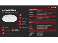 Hikvision WiFi 6 Wireless Access Point 3000Mbps, 1×2.5 Gigabit Port with PoE Input, Built-in Omnidirectional Antennas, Wi-Fi Speed:2.4 GHz:575 Mbps, 5GHz:2400Mbps, IEEE 802.3af/at PoE 12VDC 1.5A, Maximum Number of Clients:256, 220×220×39mm [HKV DS-3WAP622E-SI]