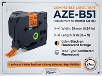 Brother Compatible Label Cartridge, TZE Laminated Fluorescent Tape, Black on Orange 24mm (5 metres) [AZE-B51]