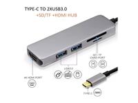 USB Type-C Male Plug on Lead to 2 x USB 3.0 HUB, Also with SD/TF and HDMI Female Output. High End Finish, Low Profile Aluminium, Slim Design, Size 10,5cm x 3,2cm x 1cm [TYPE-C TO 2XUSB3.0+SD/TF +HDMI]