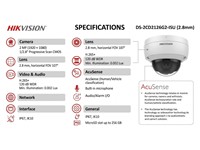 Hikvision Acusense Fixed Dome Network Camera, 2MP, H.265/H.265+/H.264+/H.264, 25fps (1920 × 1080, 1280 × 720), 2.8mm Lens, 30m IR, 120dB WDR, Built in Microphone, Audio, Alarm, Powered by Darkfighter, Built-in Micro SD/SDHC/SDXC slot, up to 256 GB, IP67 [HKV DS-2CD2126G2-ISU (2.8MM)]