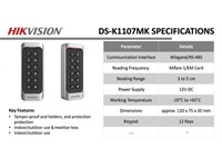 Hikvision Mifare Reader & Keypad, RS485 & Wiegand, Tamper Proof Alarm, Built-in Buzzer for Identifying the reading status, 32-bit, Keypad with 12 Keys, 10% to 90% (Non Condensing), 12VDC, 115×44×22mm, IP65 [HKV DS-K1107MK]