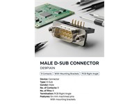 9 way Male D-Sub Connector with PCB Right Angle termination and ( 9.4mm) Machined Pins and with Mounting Brackets [DE9P1A1N]