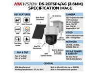 Hikvision 4MP 4G Solar PT Camera 2.8mm Lens, 30m IR, AOV Mode：24/7 Video Recording, 1/3" CMOS, CBR/VBR, SIM Card Type:Nano Sim, BLC/HLC/ 3D DNR, WDR, Built-in Mic & Spkr, 8W Solar Panel, 9000mAh Lithium Batt, Human/Vehicle Detection, IP66 [HKV DS-2CFSP4/4G (2.8MM)]