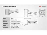 Long Arm Wall Corner Mount Bracket, White Aluminum alloy, 176.8 x 194 417.8mm, 2809g [HKV DS-1602ZJ CORNER]