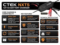 Battery Charger 12V 5A for Lithium-ion Phosphate (LiFe PO4 Batteries) 8 Step Fully Automatic Charging Cycle, Batt Capacity:1.2-160AH, WET/MF/Ca/Ca/AGM/EFB/GEL/LiFePO4, 168x65x38mm, IP65 Weight 0.6kg (40-659) [CTEK NXT5]