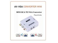 Mini AV to VGA Converter with Power Cable, Automatic Detection, High Resolution AV Input: VGA Input Port, Connected to the TV. VGA Video Output: VGA Output, Connected to the Display. Power Supply: USB Connected to PC'S USB Port Power Supply. PAL/NTSC: Swi [AV-VGA CONVERTER MINI]
