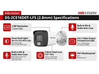 Hikvision Mini Bullet Camera 2MP 2.8mm Lens, 30m IR, White Light: Up to 20m, Smart Hybrid Light, Switchable Signals (TVI/AHD/CVI/CVBS), PAL/NTSC, Digital WDR, Built-in Microphone, DWDR/BLC/HLC/Global, 12VDC ± 25%, Max:3.3W, IP67 [HKV DS-2CE16D0T-LFS (2.8MM)]