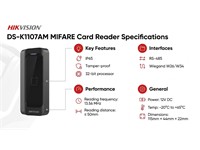 Hikvision Mifare Card Reader, RS-485 and Wiegand (W26/W34) Protocol & OSDP, Frequency:13.56MHz, Built-in-Buzzer, Processor:32bit, Card Reading Distance:≤50 mm (≤1.97"), Supports Tampering Alarm, DIP Switch PSU:12VDC, 115×44×22mm, IP65 [HKV DS-K1107AM]