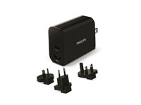 Philips USB Travel Charger 30W, 1xUSB-C (PD) O/P:5V@3A, 9V@2A, 12V@1.5A (Max 18W), USB-A O/P:5V@2.4A (Max 12W), Interchangeable Plugs (EU, UK, US, AU) [DLP2621T/00]