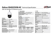 Dahua Starlight HDCVI PTZ Camera 2MP 4.8~120mm Lens, 100m IR, 1/2.8" CMOS, 25 x Optical Zoom, WDR:120dB, 2D NR, 3D NR, Max Res:1920×1080, 25/30fps@1080P, 25/30/50/60fps@720p, TVI/CVI/CVBS/AHD (CVBS is only used for Debugging), 12VDC 3A, IP66 [DHA SD49225DB-HC]
