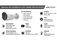 Hikvision Smart Hybrid Light with ColorVu Fixed Mini Bullet Network Camera 8MP 4mm Lens, 40m IR, 1/1.8" CMOS , 24/7 Colour Imaging , CBR/VBR, H2.64/H2.65, ONVIF, WDR130dB, 1xRJ45 10 M/100M, Built-in Microphone, 12VDC 0.45A, PoE:IEEE 802.3, IP6 [HKV DS-2CD2087G3-LI2UY (4MM)]