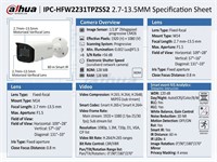 Dahua 2MP Lite IR Vari-focal Bullet IP Camera, 2MP, 2.7-13.5mm, 1/2.8” CMOS image sensor, 60 m IR, 2MP (1920 × 1080)@25/30 fps, IP67, 12V DC, 244.1 mm × Φ90.4 mm, 1.10 kg [DHA IPC-HFW2231TPZSS2 2.7-13.5MM]