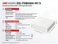 Hikvision 8CH Turbo Acusense DVR Mini 1u , Support H.265 Pro+/H.265 Pro/H.265, IP/HDTVI/AHD/CVI/CVBS/-1080P, 8xBNC, x1 HDMI, x1 RJ45, x1 SATA, x2 USB, Audio In/Out RCA, VGA, Up to 10TB Capacity per disk , 32Kbps ~6Mbps , 12VDC@1.3A 12W, 1kg [HKV IDS-7108HQHI-M1/S]