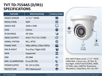 Dome Camera AHD/TVI/CVI 5MP IR, 20fps, 1/2.5”CMOS, 2560x1936, WDR, 3.6mm Lens, 10~20m IR, Day-Night, ICR, PAL/NTSC, IP66 [TVT TD-7554AS (D/IR1)]