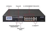 PLANET 8 PORT 10/100/1000T 802.3at POE + 2 PORT 10/100/1000T DESKTOP SWITCH WITH LCD POE MONITOR (120WATTS) UNMANAGED [GSD-1002VHP]