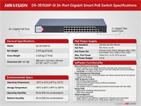 Hikvision Smart Managed 24-Port Gigabit PoE Switch, 2 × Gigabit Fiber Optical Ports, IEEE 802.3af, IEEE 802.3at, PoE Power Budget:370W, PSU:100~240VAC MAX:6.5A 400W, 52Gbps, Up to 300m Transmission, Port Type:RJ45 port, Full Duplex, MDI/MDI-X [HKV DS-3E1526P-SI]