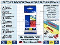 Brother TZE Laminated Black on Red 24mm Tape (8metres) [BRH TZE 451]