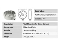 Hikvision Junction Box for Dome Cameras. Indoor/Outdoor, Hikvision White, Aluminium alloy material; 137x42mm [HKV DS-1280ZJ-PT6]