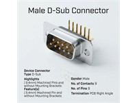 9 way Male D-Sub Connector with PCB Right Angle termination and ( 9.4mm) Machined Pins and without Mounting Brackets [DE9P1A0N]