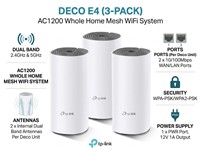 TP-LINK AC1200 Whole Home Mesh WiFi System 2.4GHz & 5GHz, 2 Ports 10/100Mbps WAN/LAN Ports, 1 PWR Port, 2 x Internal Dual Band Antennas Per Deco Unit, WPA-PSK/WPA2-PSK, 12V1A [TP-LINK DECOE4-3PACK]