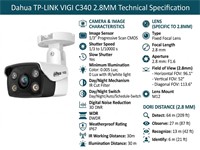 TP-LINK VIGI Full-Color Outdoor Bullet Network Camera 4MP 2.8mm LENS, 1/3” CMOS, 30m IR, Max RES:2560x1440, DWDR, H2.65+, BLC/3D DNR/HLC/Smart IR, 3D DNR, 1xRJ45 10/100M, Built-In Microphone & SPKR, PSU:12VDC, PoE (802.3af/at), ONVIF, IP67 [TP-LINK VIGI C340 2.8MM]