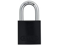 ABUS Industrial Safety Padlock Black, Aluminium Body, Width:39mm, Shackle Diameter:6.5mm, Vertical Clearance:26.5mm, Locking Type:Key, Depth:19mm, Height:74mm, Shackle:Stainless Steel, Weight:113g [ABUS PADLOCK 72/40 BLK]