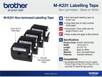 Brother 1PC M-K231 Non Laminated Tape 8m X 12mm Black On White [BRH M-K231]